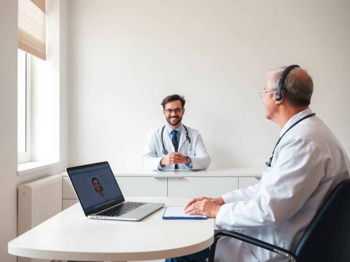 Doctor in a bright consultation room during a video consult